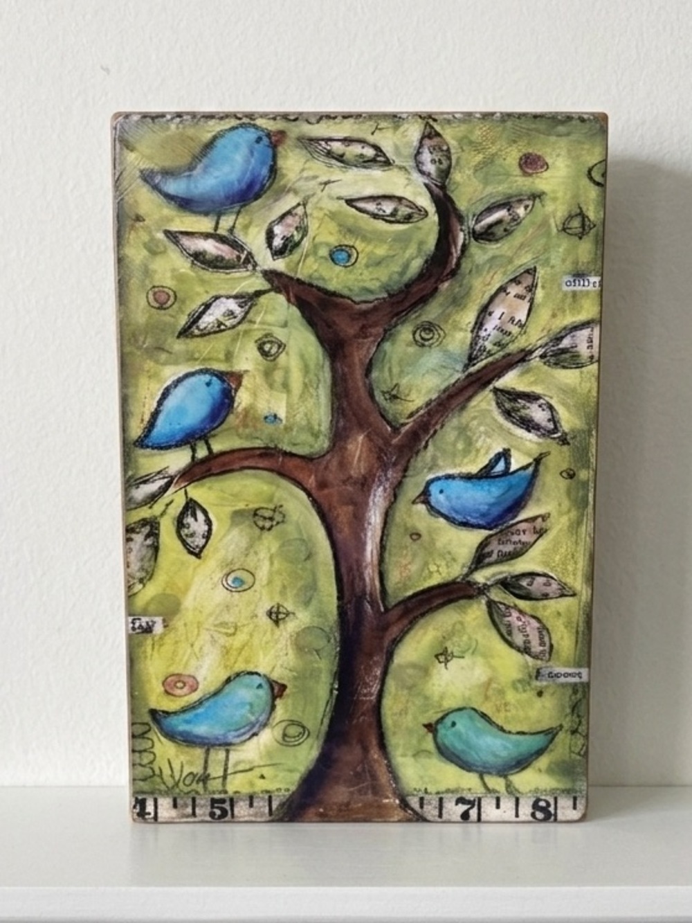 Family Tree Wall Art / Blue Bird Tree Mixed Media Wall Art Fly Chirp Tweet